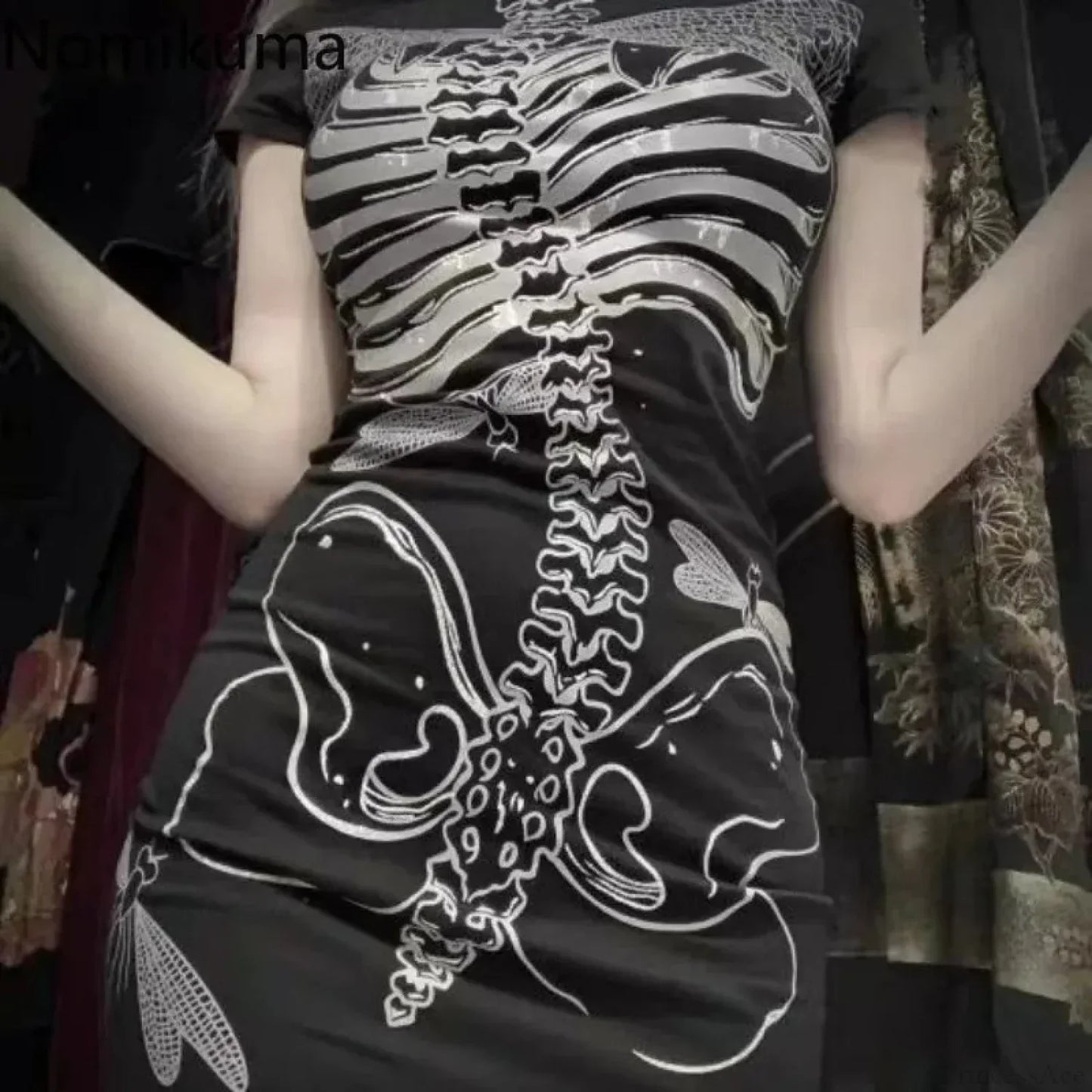 Skeleton Ribcage Dragonfly Print Crew Neck Bodycon Mini Dress