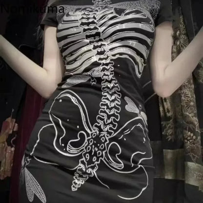 Skeleton Ribcage Dragonfly Print Crew Neck Bodycon Mini Dress