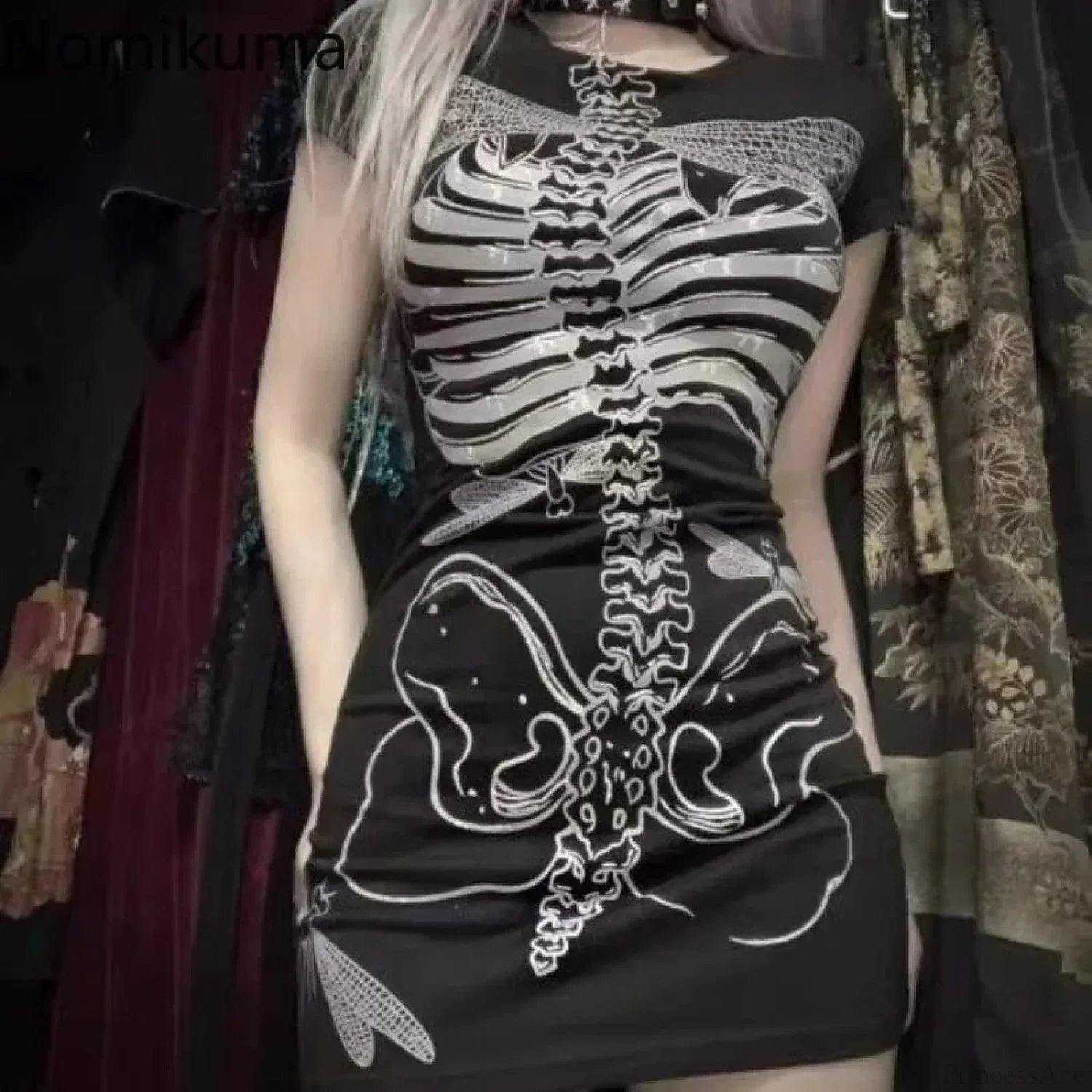 Skeleton Ribcage Dragonfly Print Crew Neck Bodycon Mini Dress