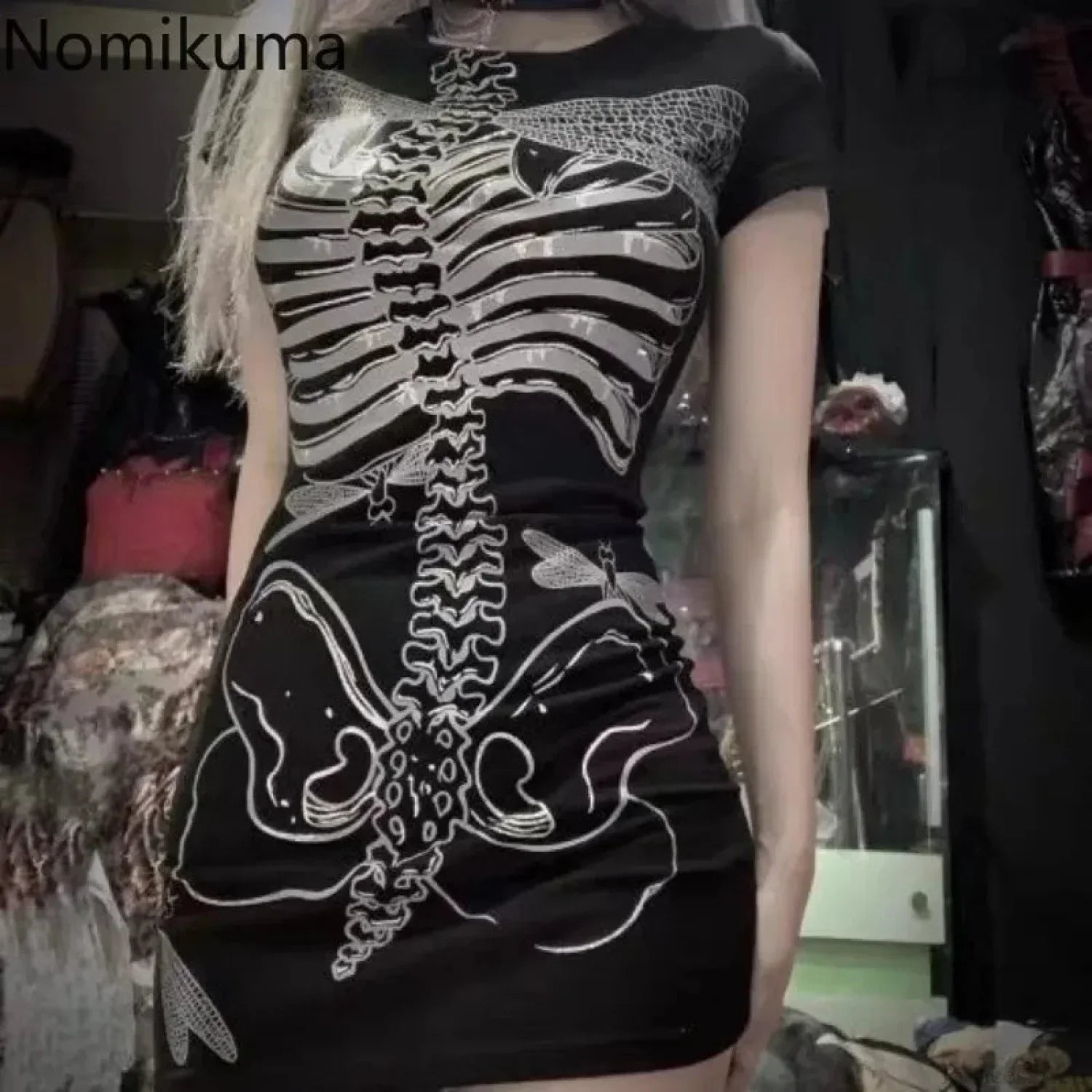 Skeleton Ribcage Dragonfly Print Crew Neck Bodycon Mini Dress