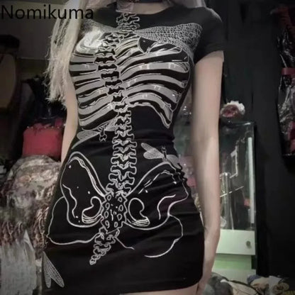 Skeleton Ribcage Dragonfly Print Crew Neck Bodycon Mini Dress