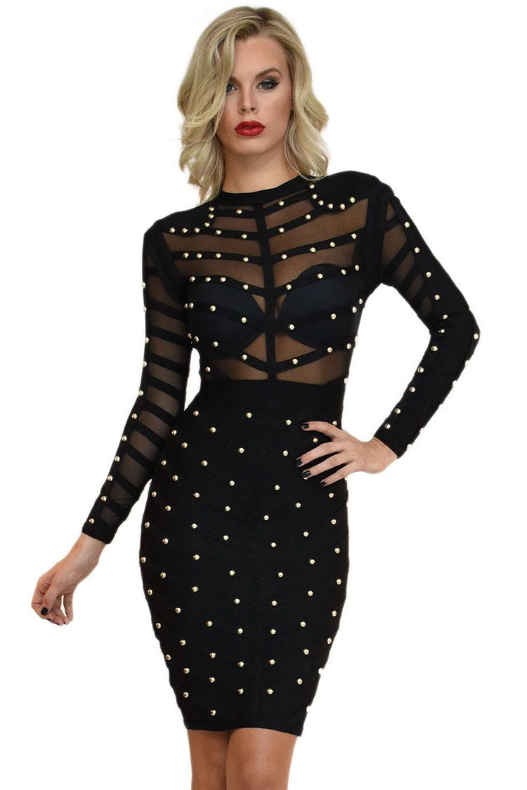 Studded Mesh Panel Chevron Long Sleeve Bandage Bodycon Mini Dress