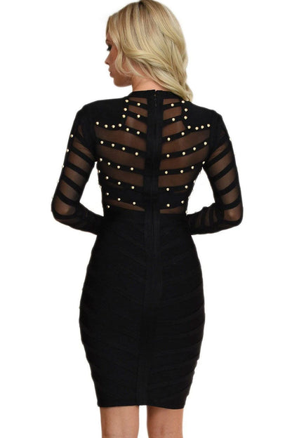 Studded Mesh Panel Chevron Long Sleeve Bandage Bodycon Mini Dress
