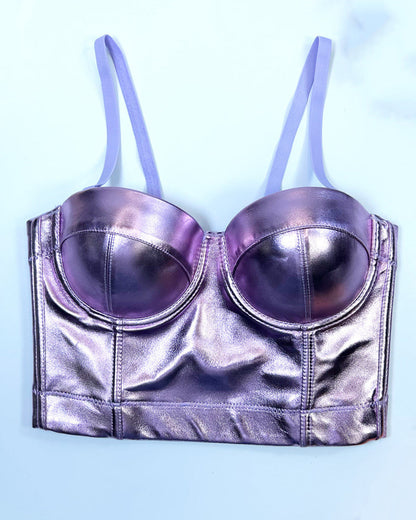 Fishbone Fluorescent Pu Leather Halter Top