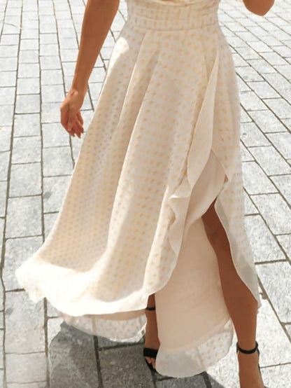 Heart Neckline Off-Shoulder Ruched Crisscross Dot Print Fit-and-Flare Mini Dress