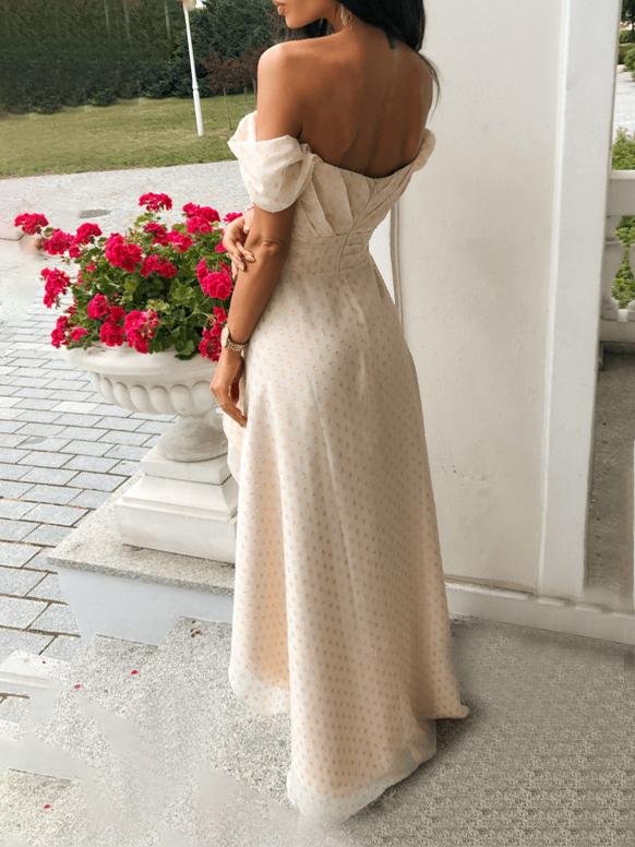 Heart Neckline Off-Shoulder Ruched Crisscross Dot Print Fit-and-Flare Mini Dress