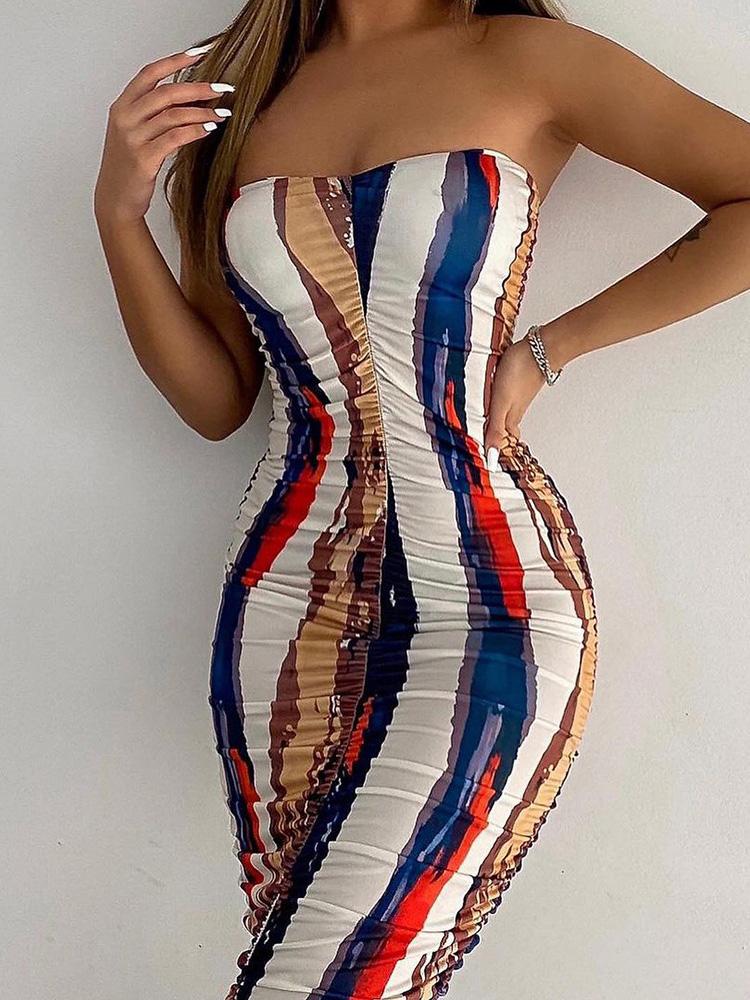 Abstract Brushstroke Stripe Print Ruched Strapless Tube Bodycon Mini Dress