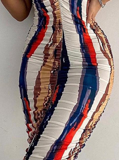 Abstract Brushstroke Stripe Print Ruched Strapless Tube Bodycon Mini Dress