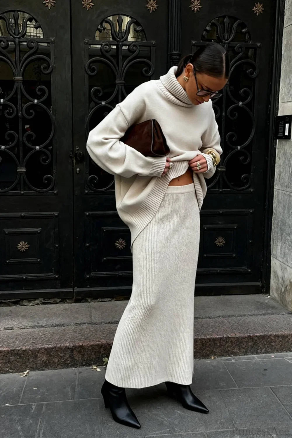 Turtleneck Knit Sweater Maxi Dress Two Piece Set
