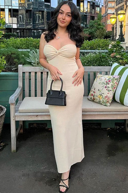 Strapless Ribbed Knit Twist Front Sweetheart Bodycon Maxi Dress