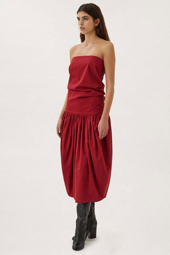 Strapless Drop Waist Bubble Hem Pleated Midi Dress