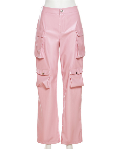 PU Leather High-Waisted Loose Straight-Leg Pants