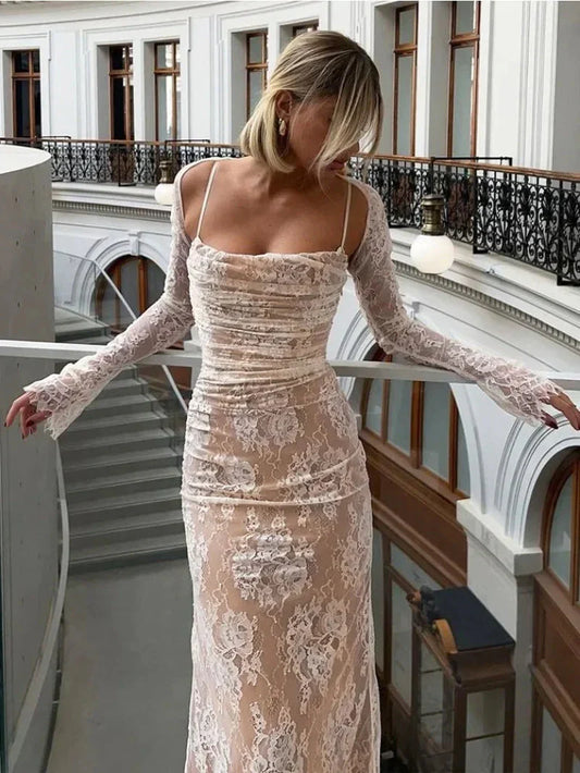 Mesh Lace Spaghetti Strap Maxi Dress With Shrug