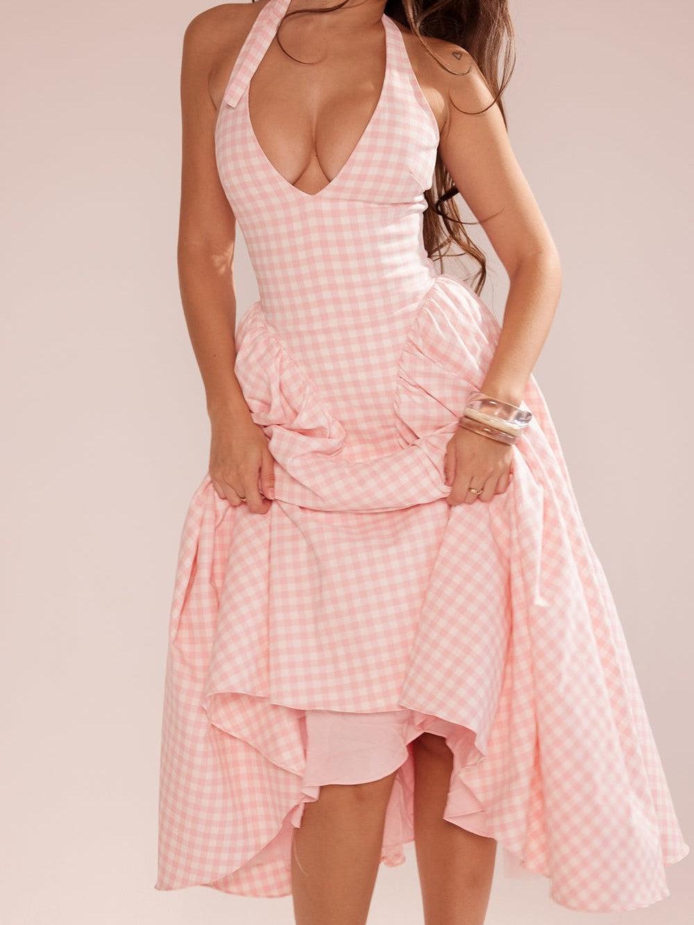 Gingham Print Tied Halterneck Midi Dress