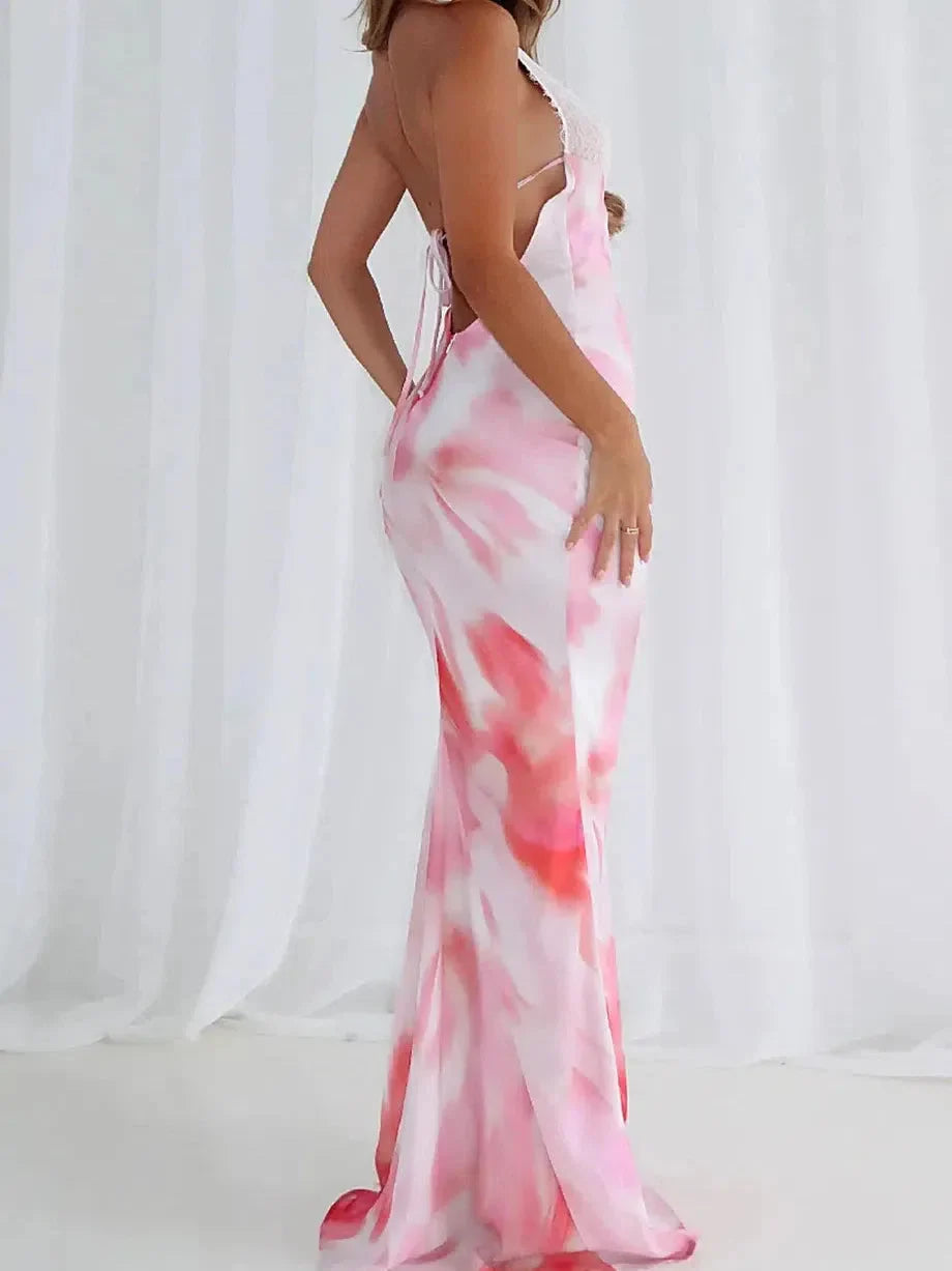 Halterneck Tie-Dye Backless Lace Maxi Dress