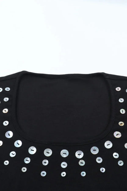 Scoop Neck Pearl Stud Embellished Long Sleeve Bodycon Mini Dress