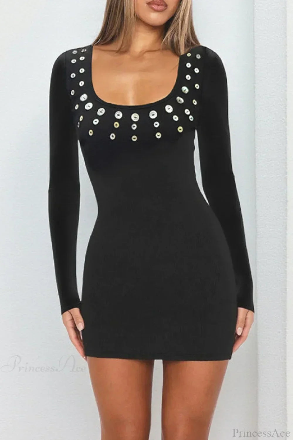 Scoop Neck Pearl Stud Embellished Long Sleeve Bodycon Mini Dress