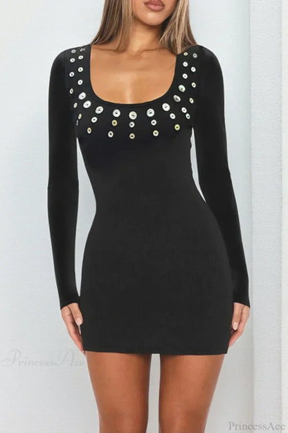 Scoop Neck Pearl Stud Embellished Long Sleeve Bodycon Mini Dress