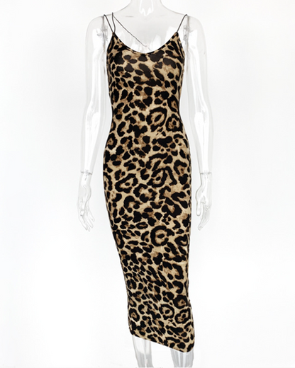Leopard Print V-Neck Halter Back Maxi Dress