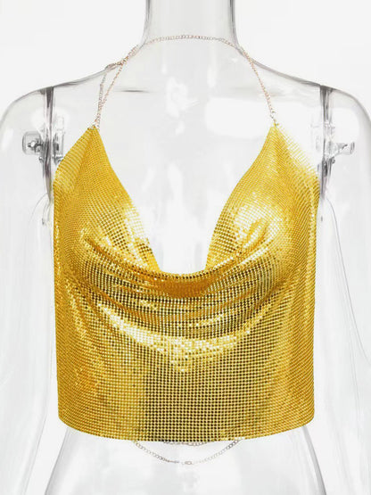 Sexy Straps Halter Metal Tops Sequin Clubwear Tops Sliver Sleeveless Spaghetti Straps Cami Draped Crop For Women