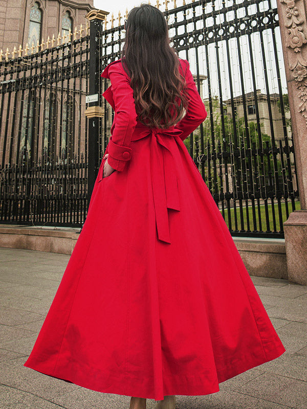 Trench Coats For Woman Red V Neck Long Sleeves Sash Stretch Casual Full Length Coat