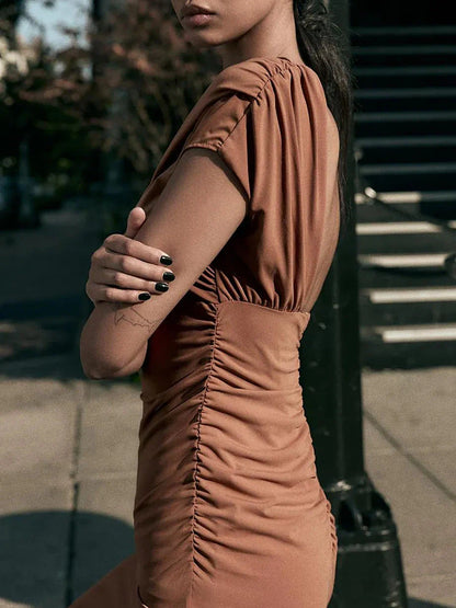 Boat Neck Backless Ruched Cutout Slit Maxi Dress