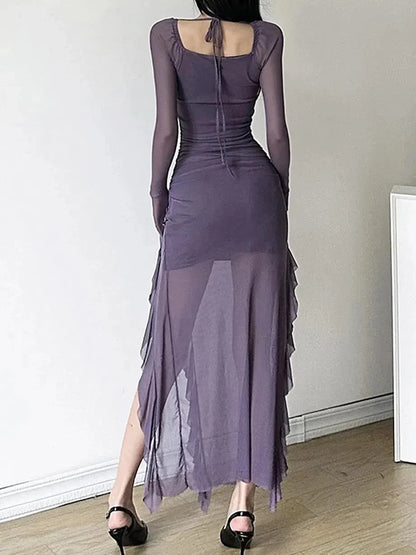 Ruffle Sheath Ruched Maxi Dress