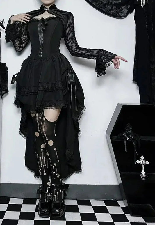 Uneven Folded Lace Black Midi Dress