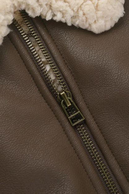 Unique Brown Fleece PU Panel Warm Windproof Coat