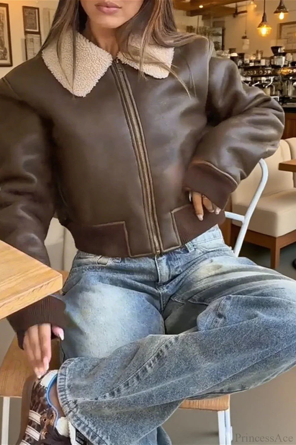 Unique Brown Fleece PU Panel Warm Windproof Coat