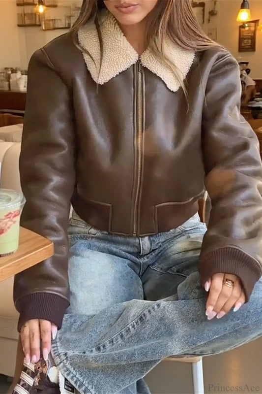 Unique Brown Fleece PU Panel Warm Windproof Coat