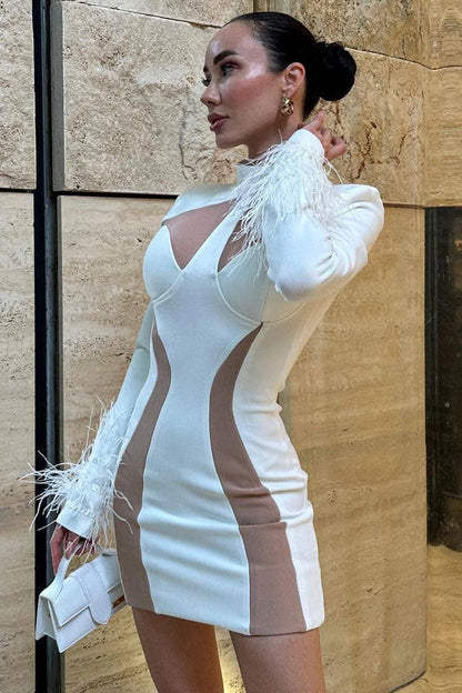 Mock Neck Triangle Cutout Feather Cuff Mesh Panel Bodycon Mini Dress