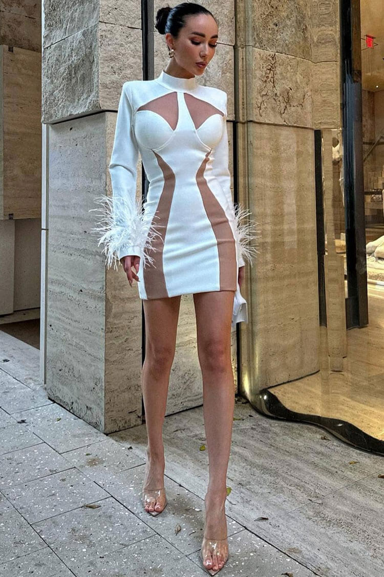 Mock Neck Triangle Cutout Feather Cuff Mesh Panel Bodycon Mini Dress