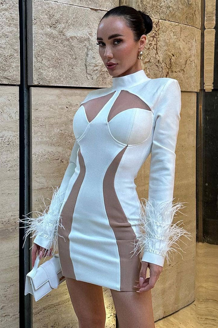Mock Neck Triangle Cutout Feather Cuff Mesh Panel Bodycon Mini Dress
