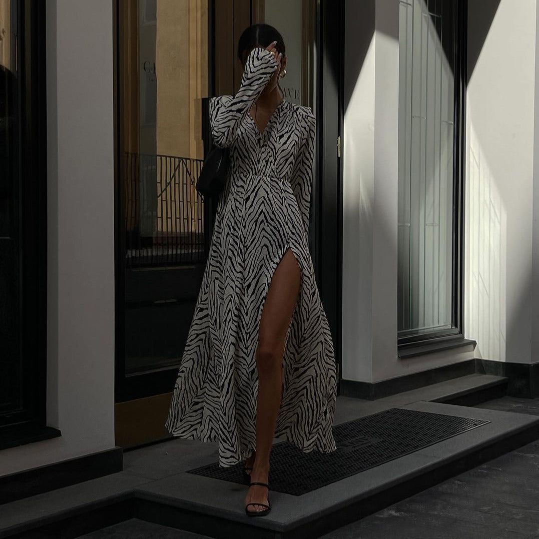 Zebra Print V Neck Long Sleeve High Slit Maxi Dress