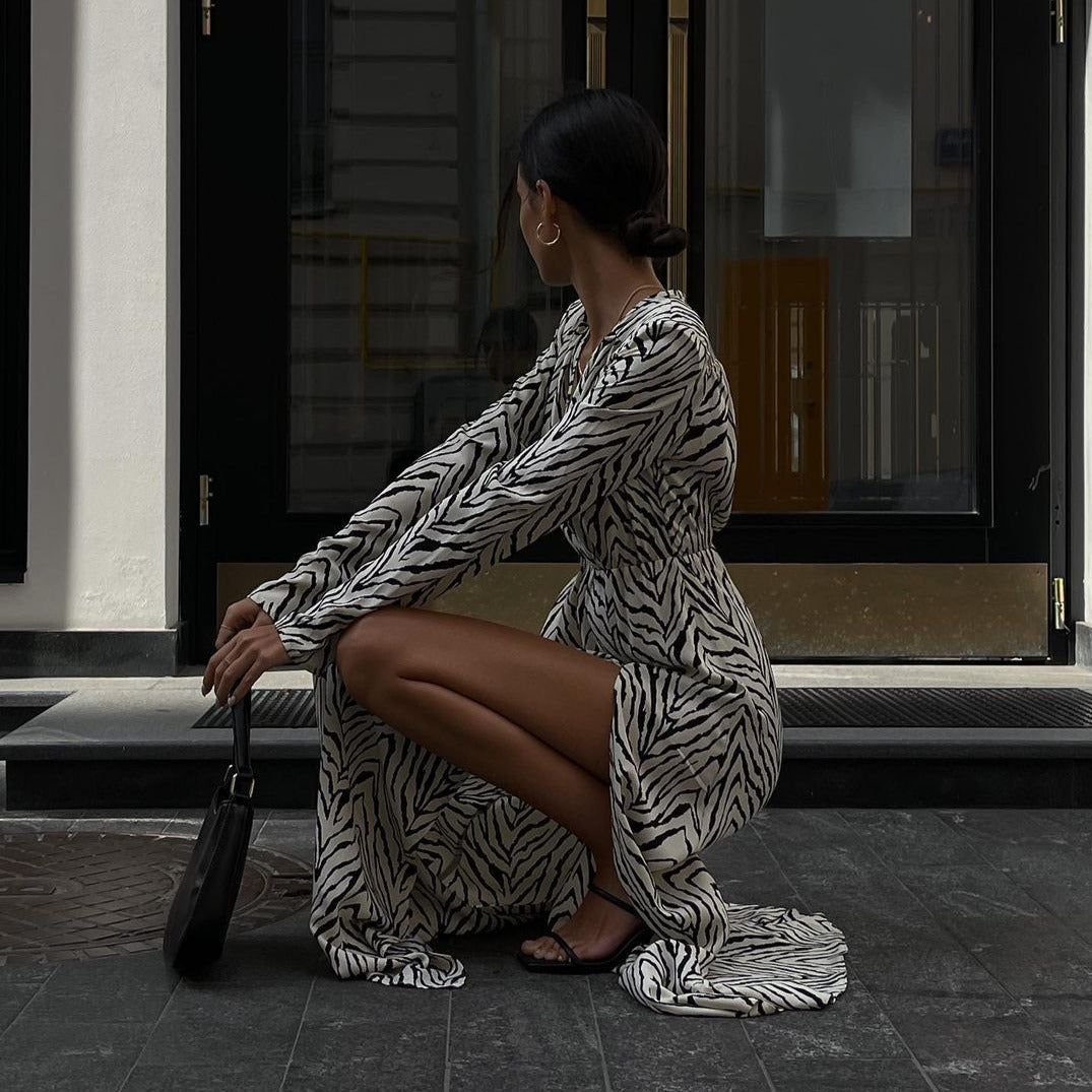 Zebra Print V Neck Long Sleeve High Slit Maxi Dress