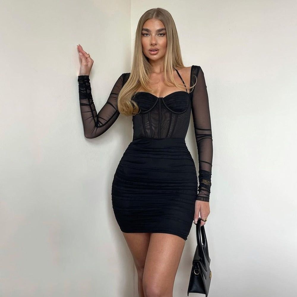 Halter Sweetheart Mesh Corset Bustier Off Shoulder Ruched Sleeve Bodycon Mini Dress