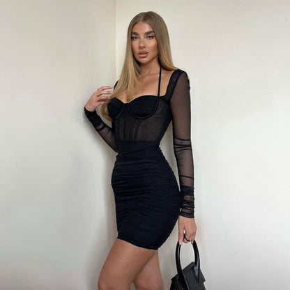Halter Sweetheart Mesh Corset Bustier Off Shoulder Ruched Sleeve Bodycon Mini Dress