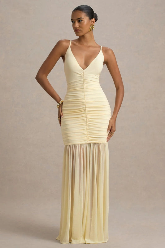 Pale Lemon Ruched Plunge-Neck Maxi Dress