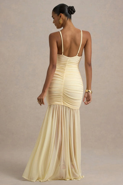 Pale Lemon Ruched Plunge-Neck Maxi Dress