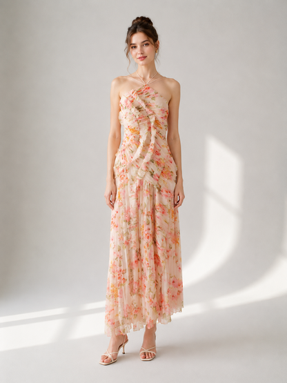 Date Night Dresses Maxi Asymmetrical Pleated Ruffles Sleeveless Floral Print Halter Elegant Dress
