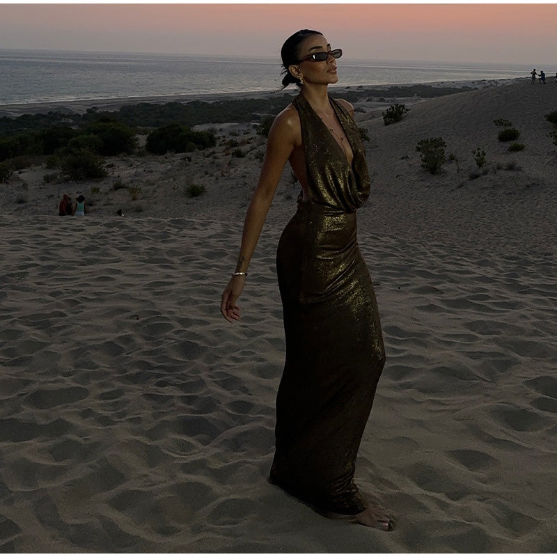 Halter Deep V Neck Metallic Shimmer Fishtail Maxi Gown