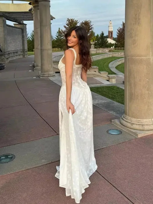 Pearl Beaded Square Neck Jacquard Textured High Slit Maxi Dress