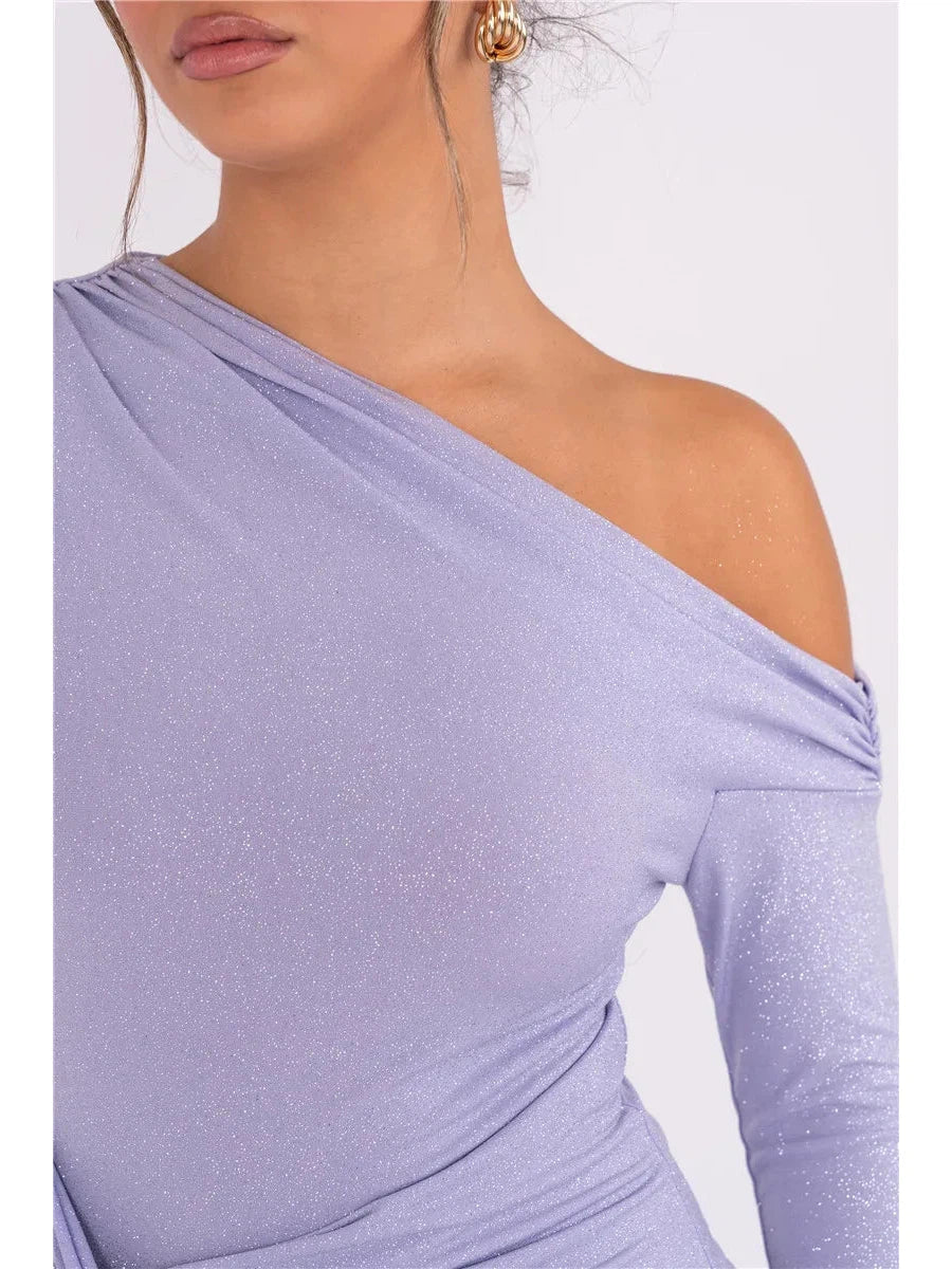 One Shoulder Shimmer Ruched Full Sleeves Maxi Dress