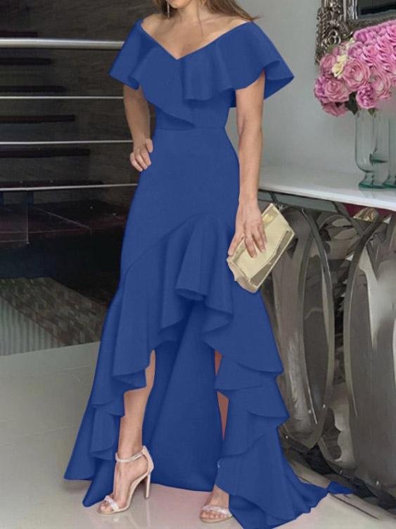 Off Shoulder Ruffle Neckline Tiered Ruffle High Low Maxi Gown