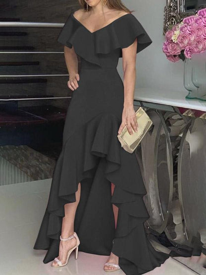 Off Shoulder Ruffle Neckline Tiered Ruffle High Low Maxi Gown