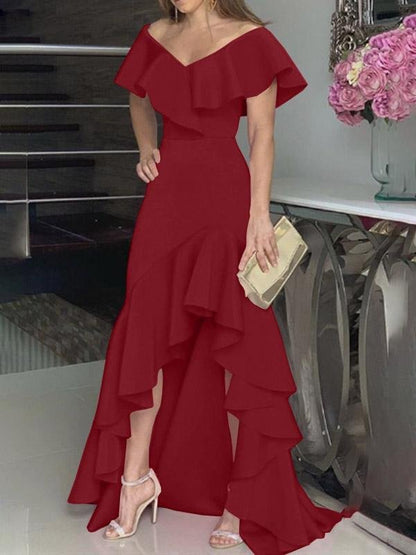Off Shoulder Ruffle Neckline Tiered Ruffle High Low Maxi Gown