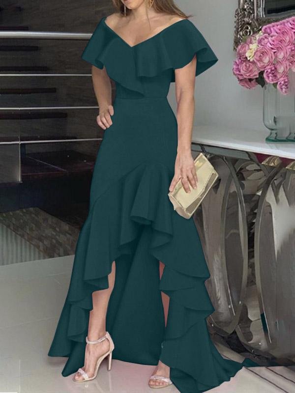 Off Shoulder Ruffle Neckline Tiered Ruffle High Low Maxi Gown