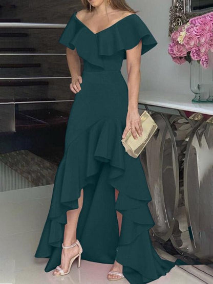 Off Shoulder Ruffle Neckline Tiered Ruffle High Low Maxi Gown