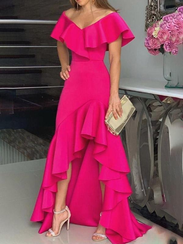 Off Shoulder Ruffle Neckline Tiered Ruffle High Low Maxi Gown